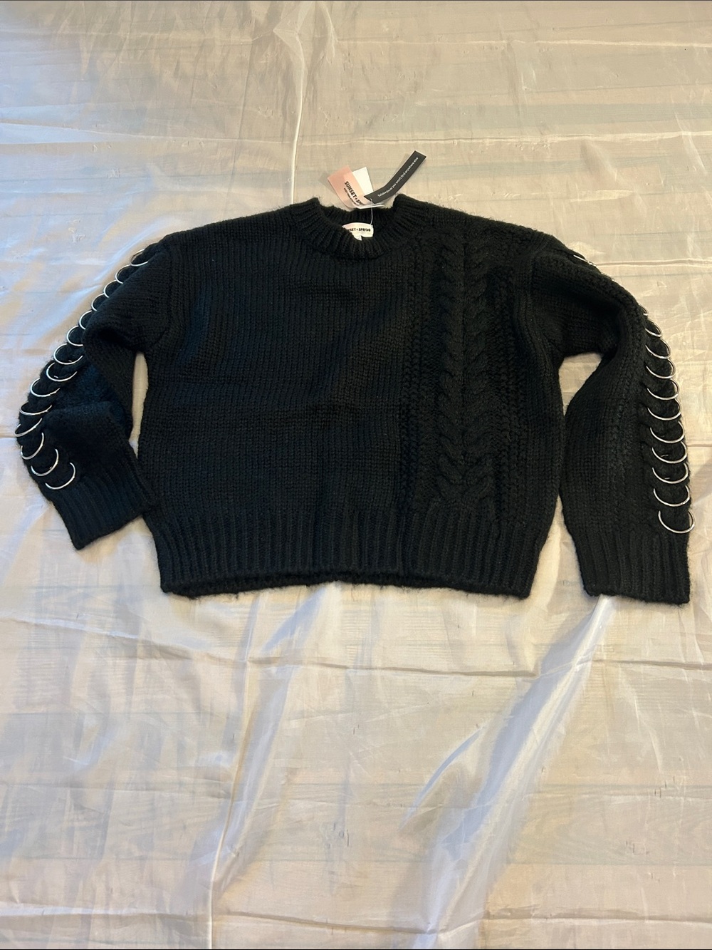 Black Ring-Detail Cable Crewneck Sweater